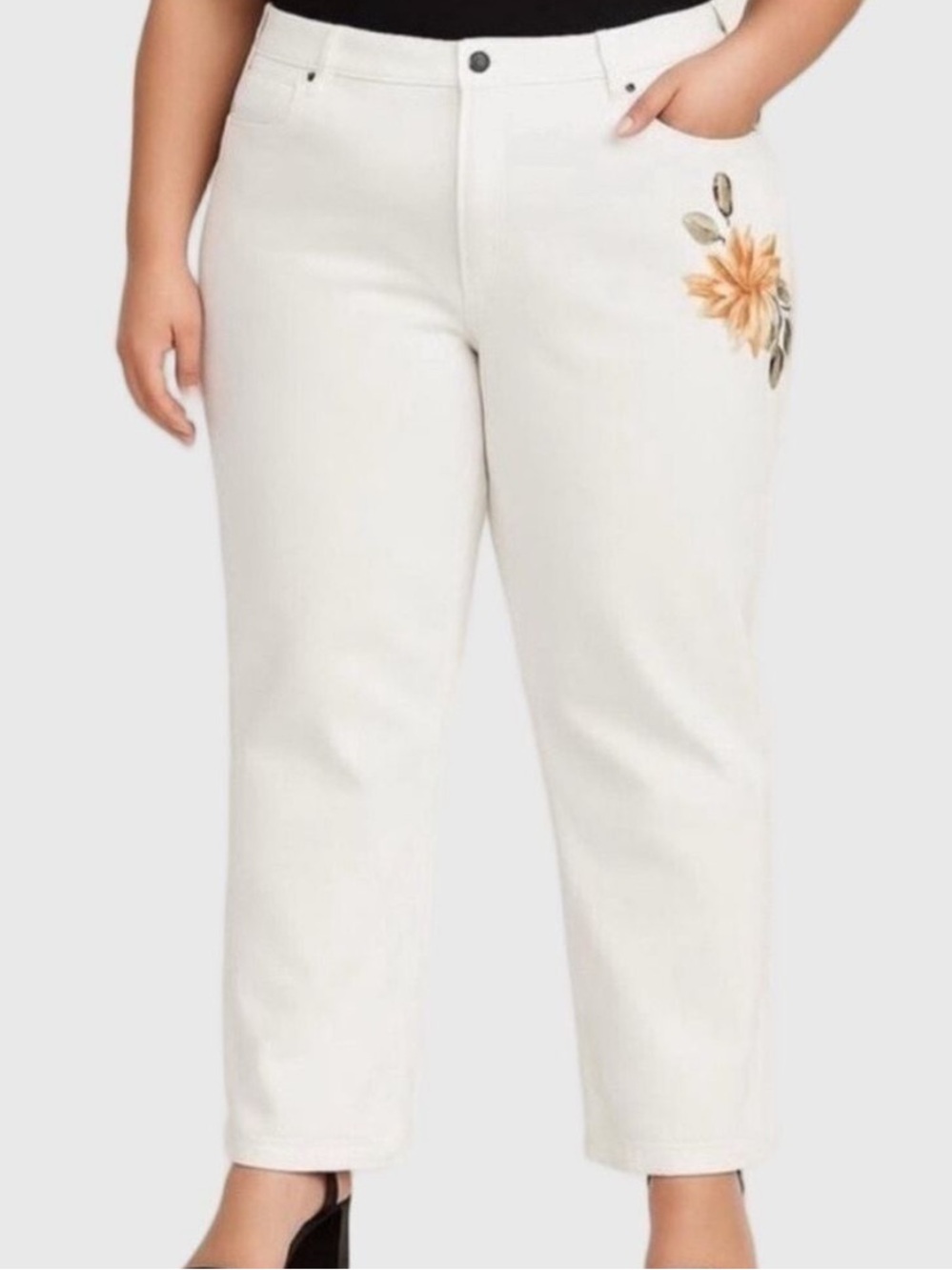 JESSICA SPORT White Lightweight Jeans Flower Embroidery Pocket est plus size 20